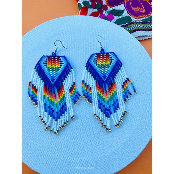 Huichol Earrings, Mexican Earrings, Hand Beaded Earrings, Flower Earrings, Mexic - Picture 3 of 7